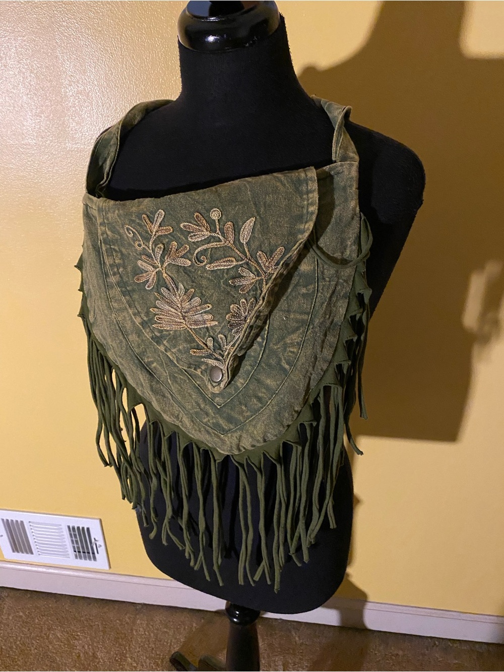 Boho Fringe Embroidered Crossbody Bag in Olive Green